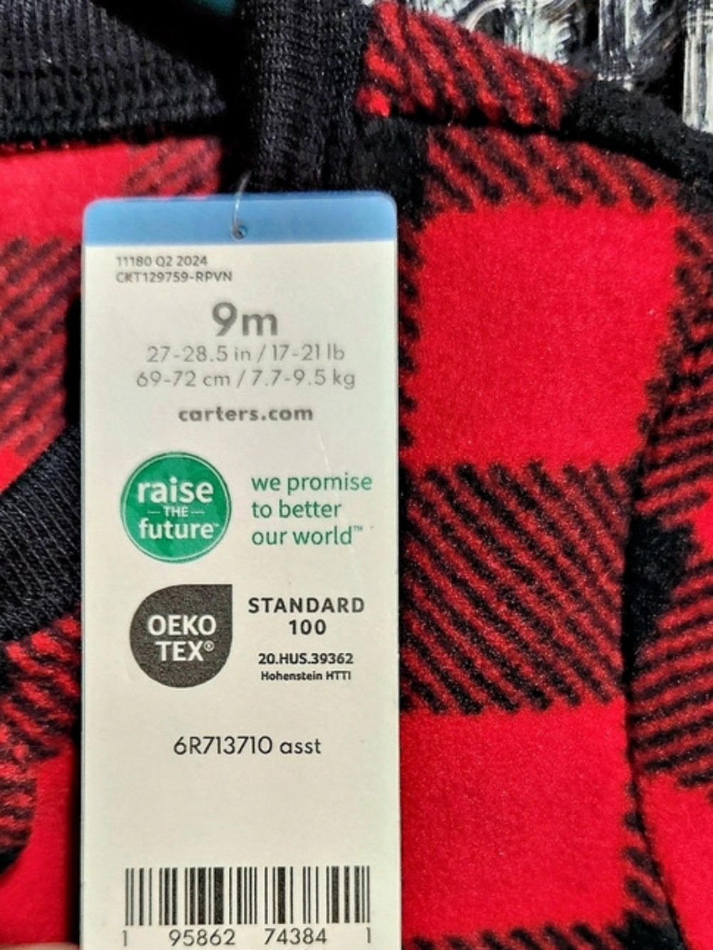 Carter's Red Buffalo Check Bear Fleece Sleep & Play Plaid Footie Baby 9m - Picture 5 of 6